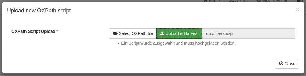 Upload popup for OXPath script